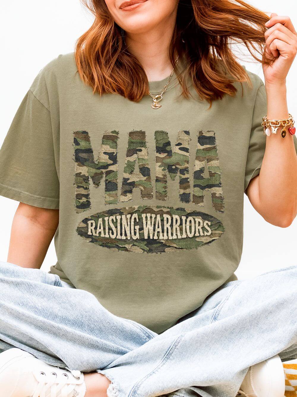 Raising_Warriors_Khaki Mama Raising Warriors T-Shirt Camo Mom Graphic Tee - Image 1