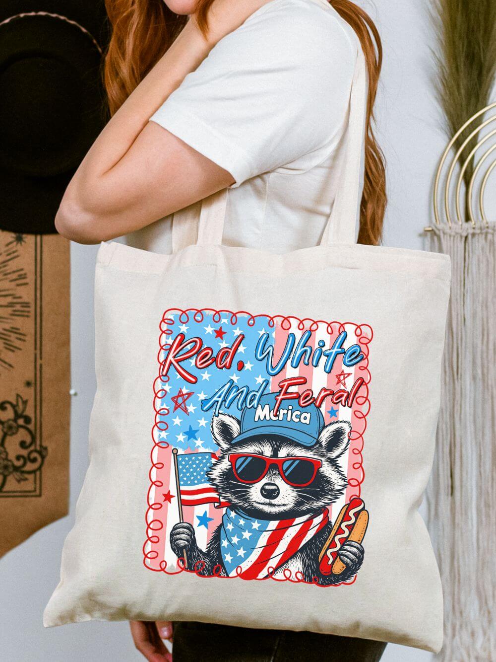 Red_White_Feral_Tote Red White and Feral Patriotic Raccoon Cotton Canvas Tote Bag - Image 1