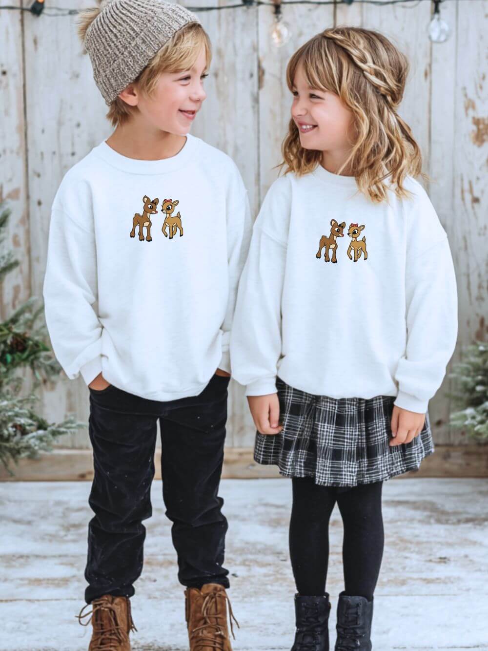 Reindeer_Friends_Kids_White Reindeer Friends Kids' Crewneck Embroidered Christmas Graphic Sweatshirt - Image 1