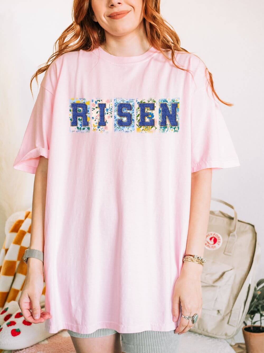 Risen_Patch_Blossom Risen Floral Faux Patch T-Shirt Easter Christian Unisex Tee - Image 1