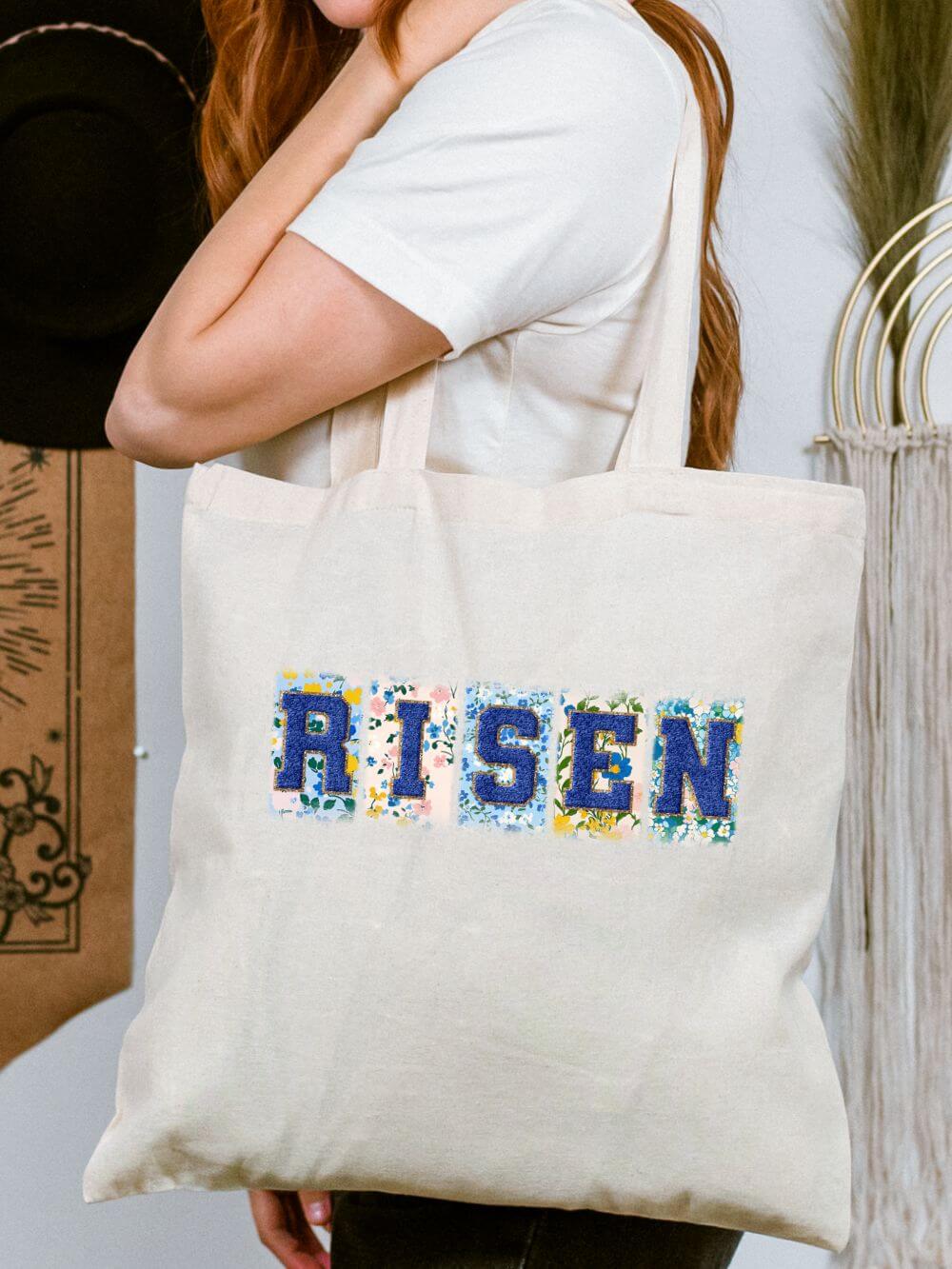 Risen_Patch_Tote Risen Floral Faux Patch Easter Christian Cotton Canvas Tote Bag - Image 1