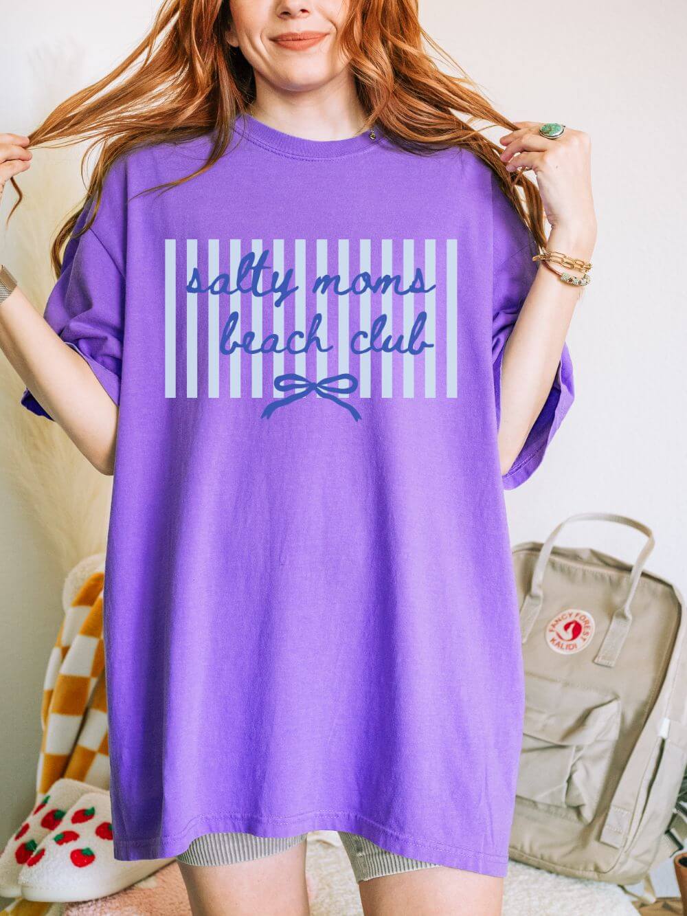 Salty_Moms_Violet Salty Moms Beach Club Graphic T-Shirt Cute Bow & Stripe Mom Tee - Image 1