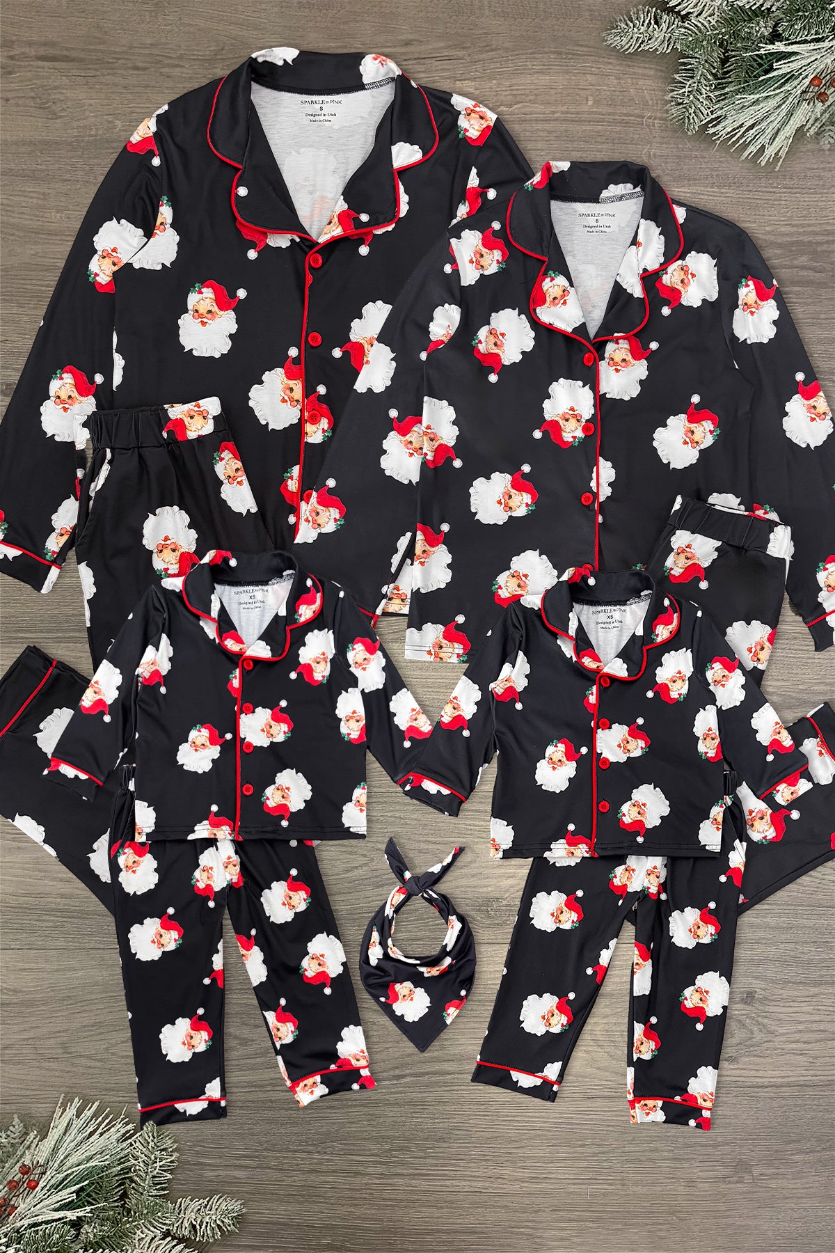 SantaFamilyblackpajamas Vintage Santa Family Pajamas - AND PET BANDANA! - Image 1