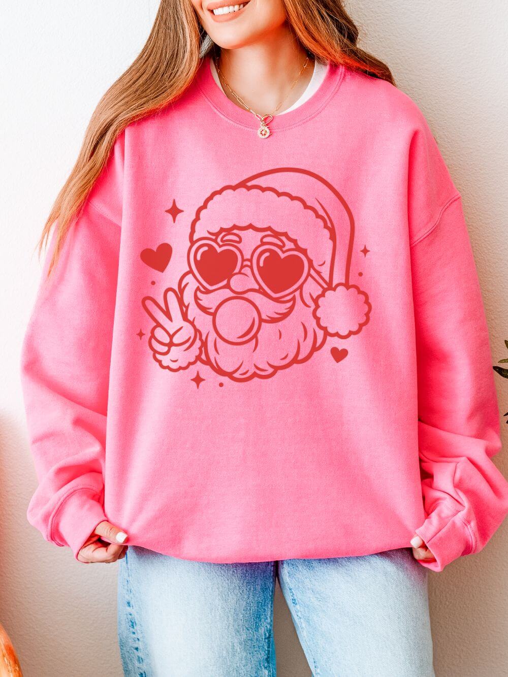 Santa_Baby_Gum_Safety_Pink Cool Santa Baby Bubblegum Heavy Blend Women's Crewneck Cozy Christmas Graphic Sweatshirt - Image 1