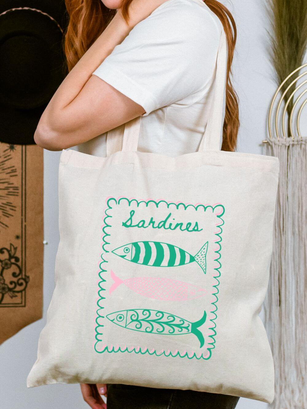 Sardines_Tote Sardines Cotton Canvas Tote Bag Nautical Beach Market Shopping Bag - Image 1