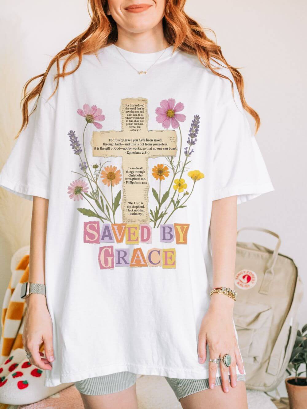 Saved_by_Grace_White Saved by Grace Floral Cross T-Shirt Christian Faith Inspirational Graphic Tee - Image 1
