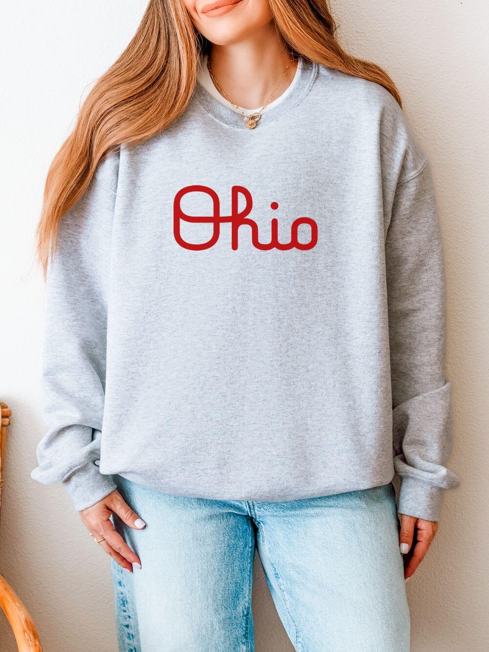 Script_Ohio_Ash Script Ohio Heavy Blend Women's Crewneck Embroidered Sweatshirt - Image 1