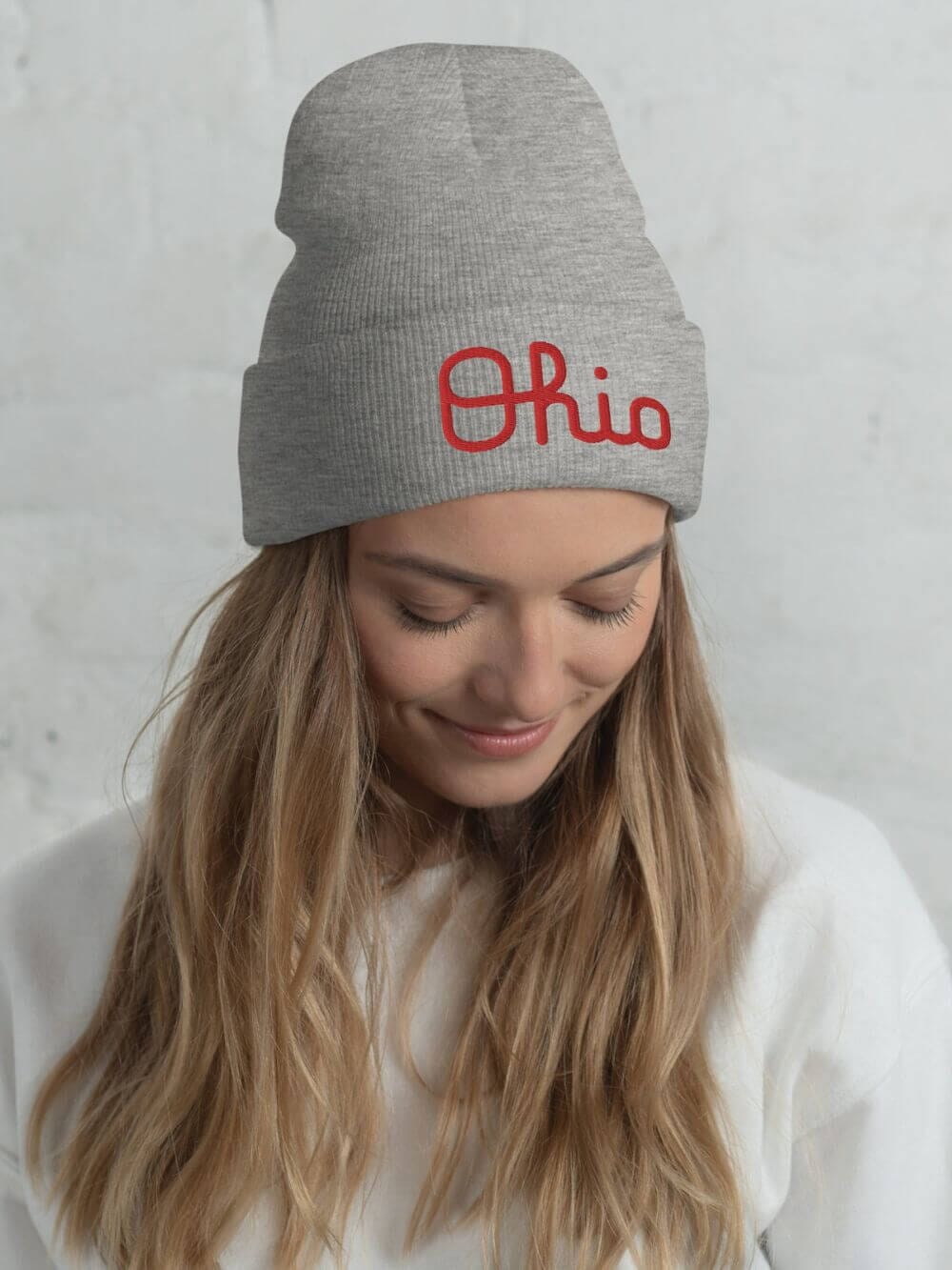 Script_Ohio_on_Model_51e6c4ef-93ec-4ec2-9d02-e60b6ab9984d Script Ohio Embroidered Cuffed Unisex Beanie Hat - Image 1