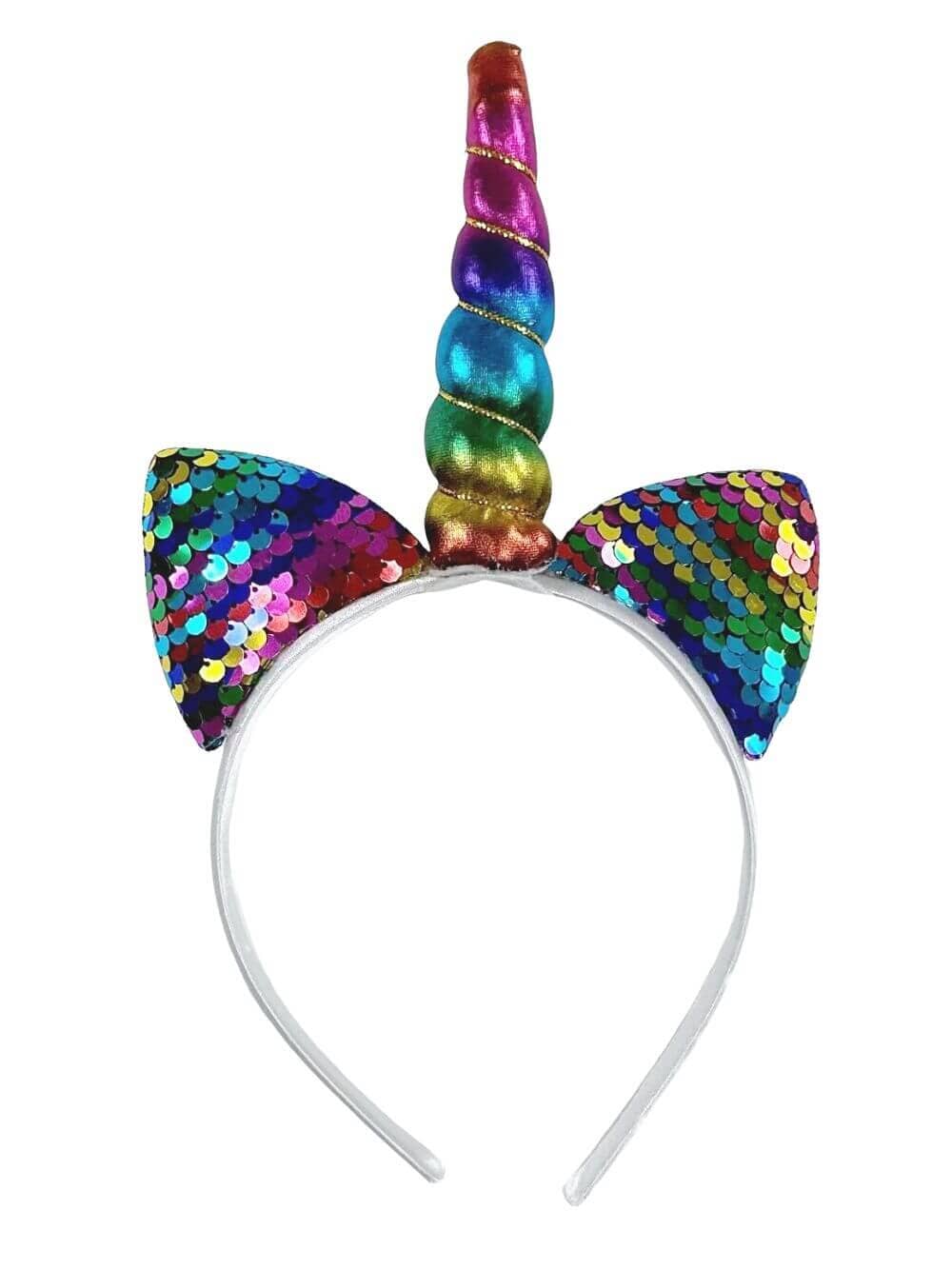 SequinRBUnicornHeadband Rainbow Unicorn Girls Headband Ears, Kid or Adult Size Costume Accessories Individual or Wholesale Bulk Multipack - Image 1