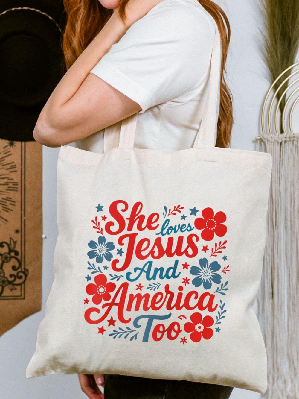 She_Loves_Jesus_America_Floral_Tote She Loves Jesus and America Too Patriotic Floral Cotton Canvas Tote Bag - Image 1