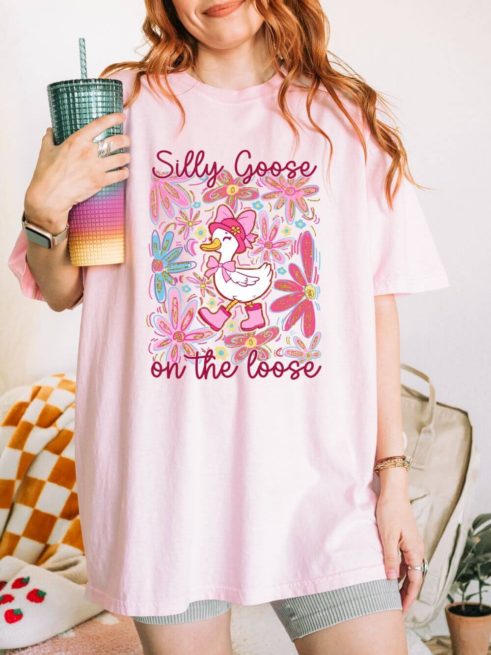 Silly_Goose_Pink Silly Goose on the Loose Graphic T-Shirt Cute Floral Tee - Image 1
