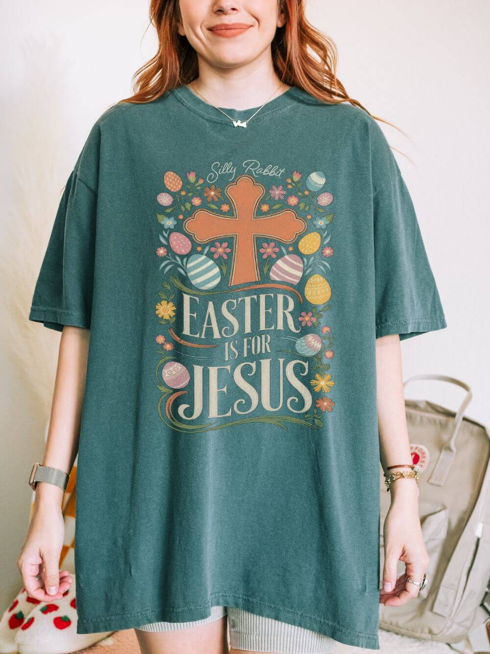 Silly_Rabbit_Blue_Spruce Silly Rabbit Easter Is For Jesus Christian T-Shirt Cross & Easter Eggs Faith Distressed Tee - Image 1
