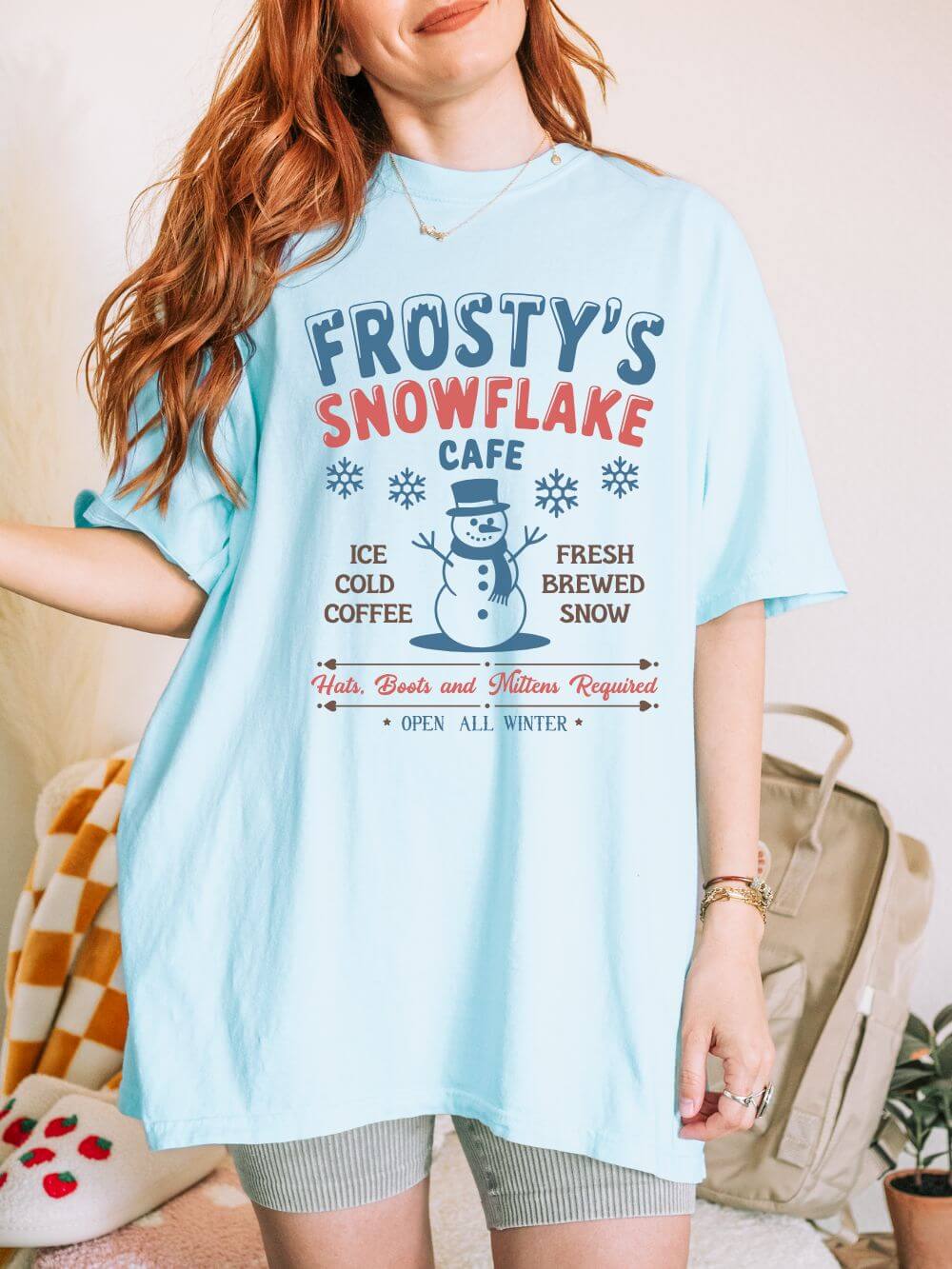 Snowflake_Cafe_Chambray Frosty’s Snowflake Cafe Holiday Tee Vintage Charm Unisex Christmas T-Shirt - Image 1