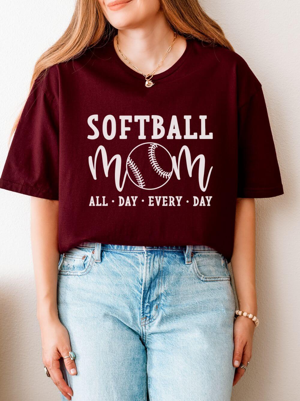 Softball_Mom_All_Day_Maroon Softball Mom All Day Graphic T-Shirt Cute Sports Mom Tee (12 Team Colors) - Image 1