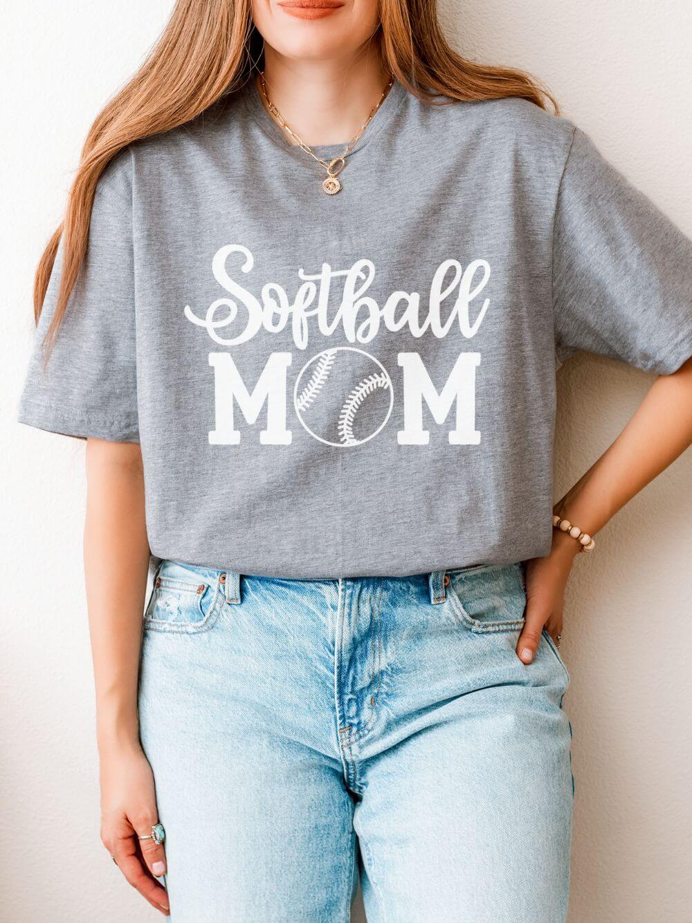 Softball_Mom_Classic_Gray Softball Mom Classic Graphic T-Shirt Cute Sports Mom Tee (12 Team Colors) - Image 1