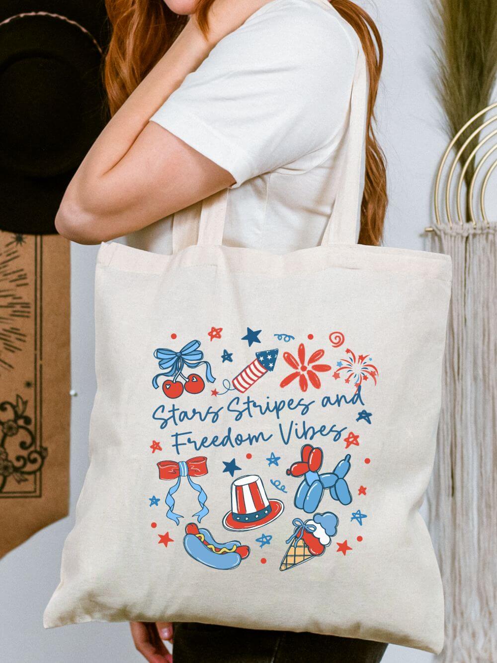 Stars_Stripes_Freedom_Vibes_Tote Stars Stripes & Freedom Vibes Patriotic Cotton Canvas Tote Bag - Image 1