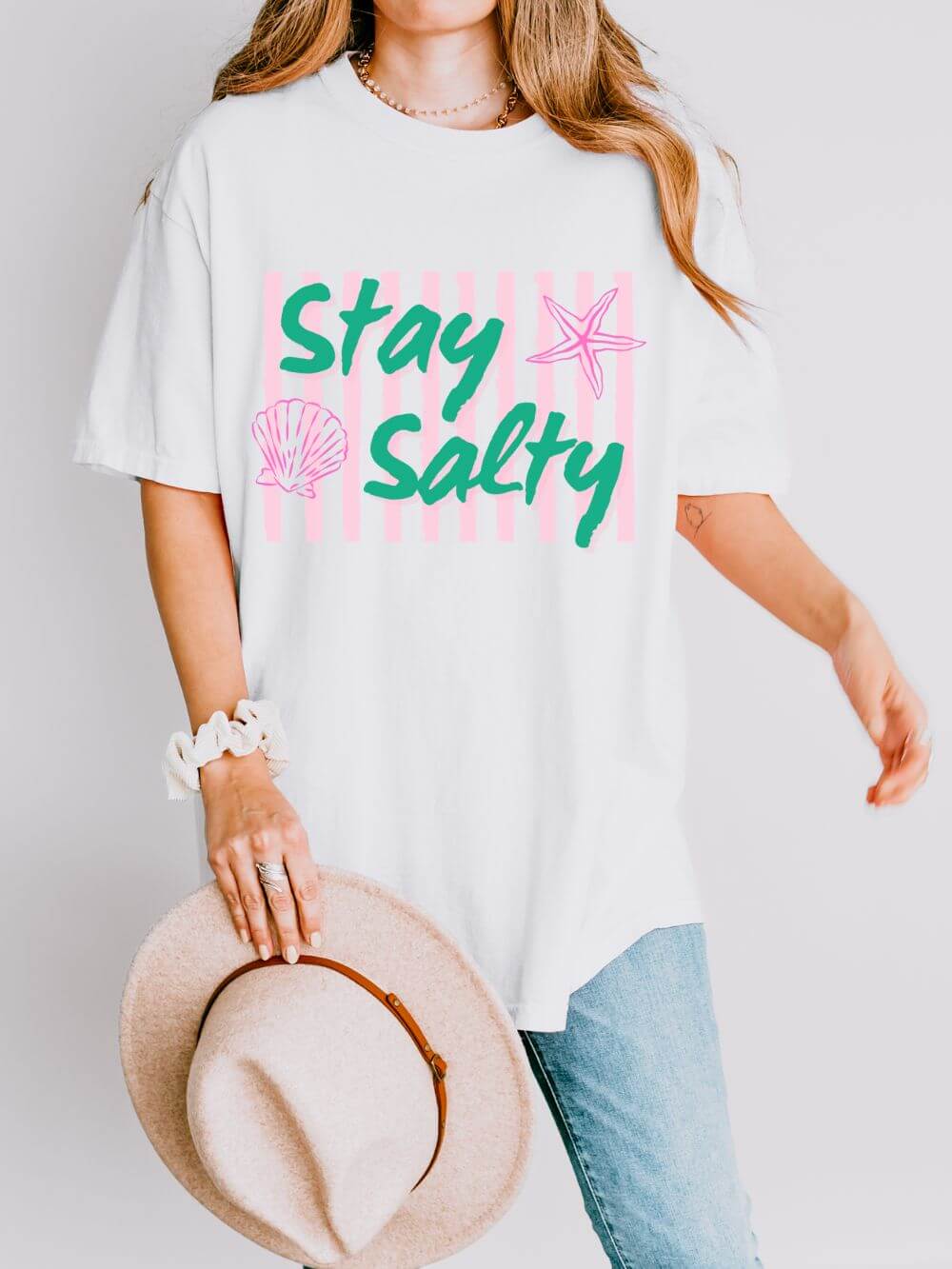 Stay_Salty_White Stay Salty Graphic T-Shirt Women's Beachy Pink Stripe Tee - Image 1