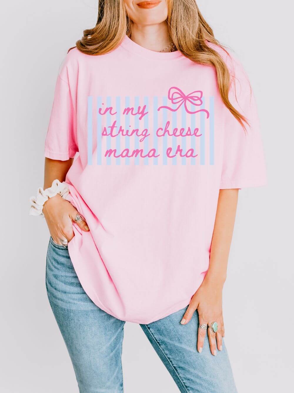 String_Cheese_Blossom In My String Cheese Mama Era T-Shirt Cute Pink Bow & Blue Stripe Graphic Tee - Image 1