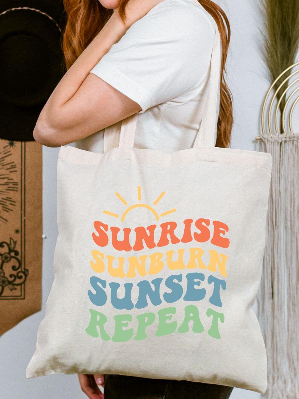 Sunrise_Sunburn_Tote Sunrise Sunburn Sunset Repeat Retro Beach Cotton Canvas Tote Bag - Image 1