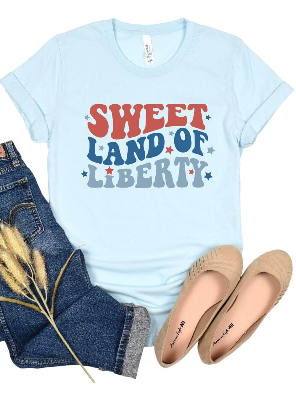 SweetLandHeatherIceBlue Sweet Land of Liberty 4th of July Patriotic T-Shirt - Image 1