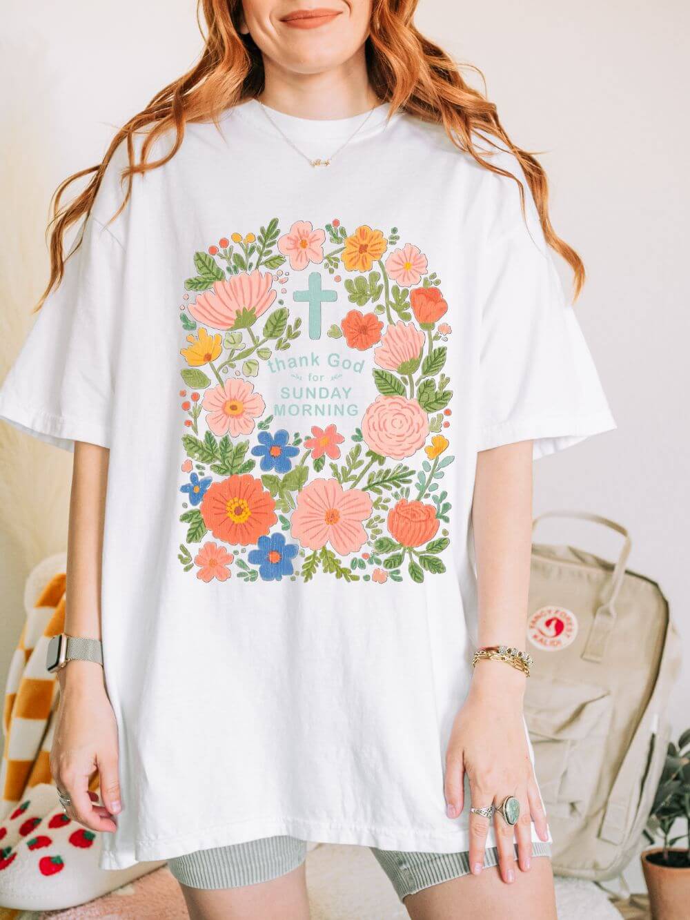 Thank_God_for_Sunday_White Thank God for Sunday Morning Christian Unisex Distressed Tee Floral T-Shirt - Image 1