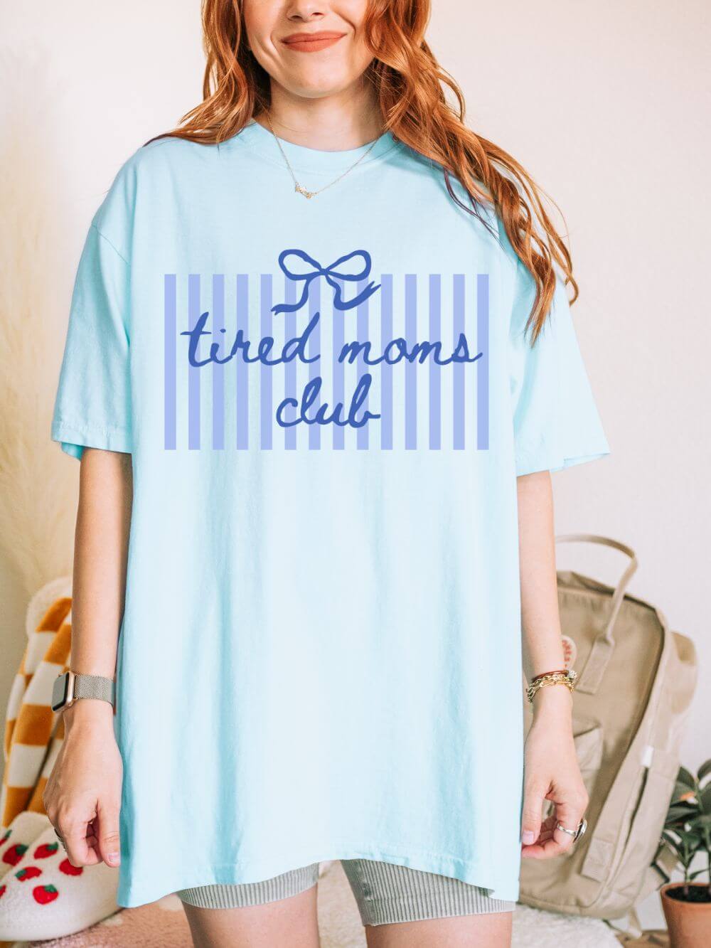 Tired_Moms_Club_Chambray Tired Moms Club Graphic T-Shirt Cute Striped Tee for Busy Moms - Image 1