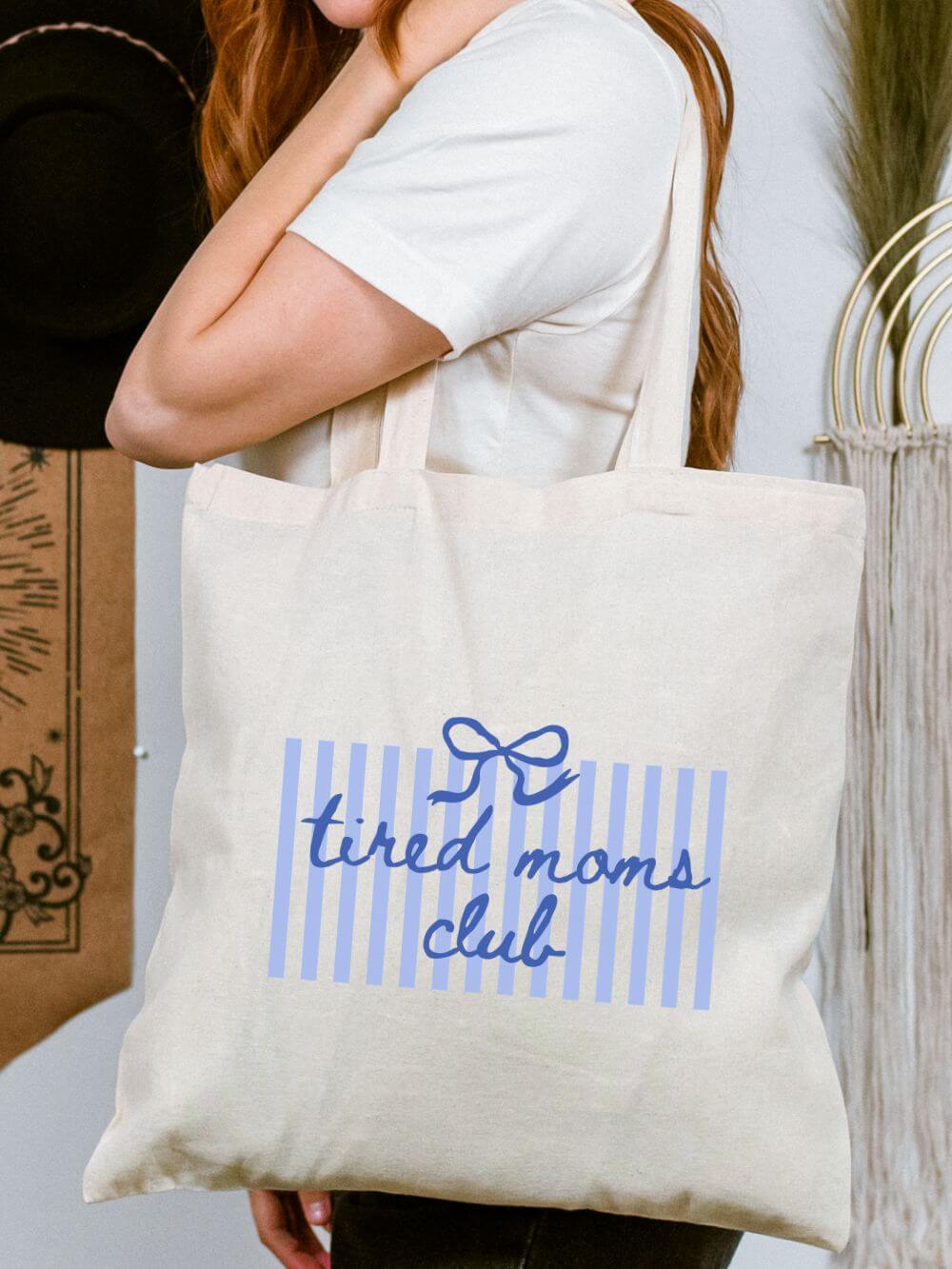 Tired_Moms_Club_Tote_e18b19fe-5345-41e8-ba02-6f1d25e97fa5 Tired Moms Club Striped Cotton Canvas Tote Bag - Image 1
