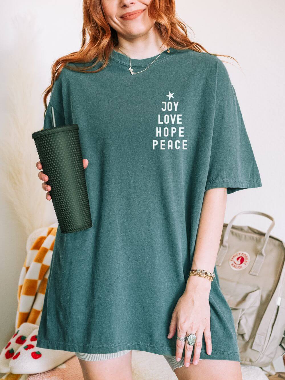 Tree_Words_Blue_Spruce Joy Love Hope Peace Festive Christmas Tree Holiday T-Shirt Unisex Garment-Dyed Tee - Image 1