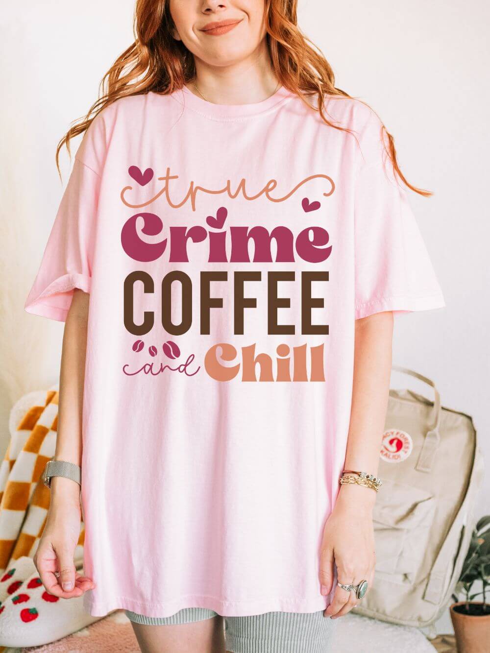 True_Crime_Coffee_Chill_Blossom True Crime Coffee and Chill T-Shirt Cozy Graphic Tee - Image 1
