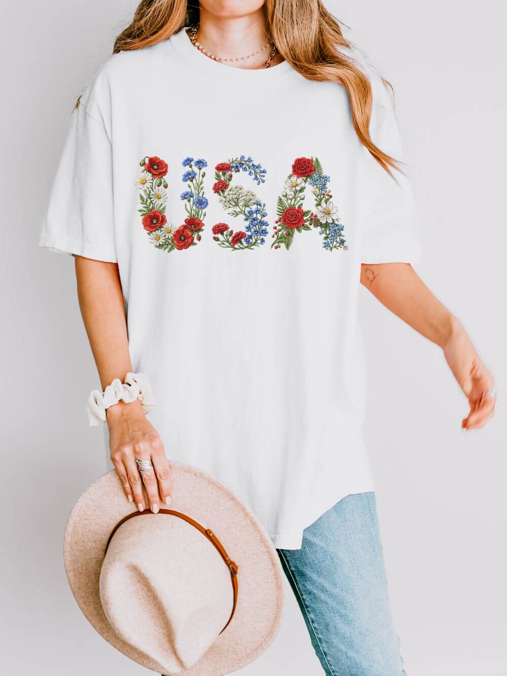 USA_Floral_White USA Floral Letters T-Shirt Botanical Lettering Patriotic Graphic Tee - Image 1