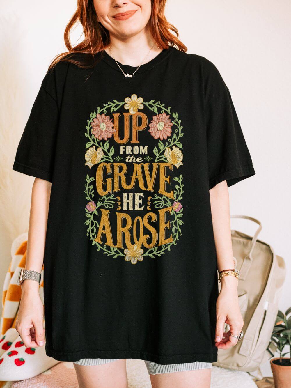 Up_From_the_Grave_Black Up From the Grave He Arose Easter T-Shirt Christian Faith Graphic Unisex Distressed Tee - Image 1