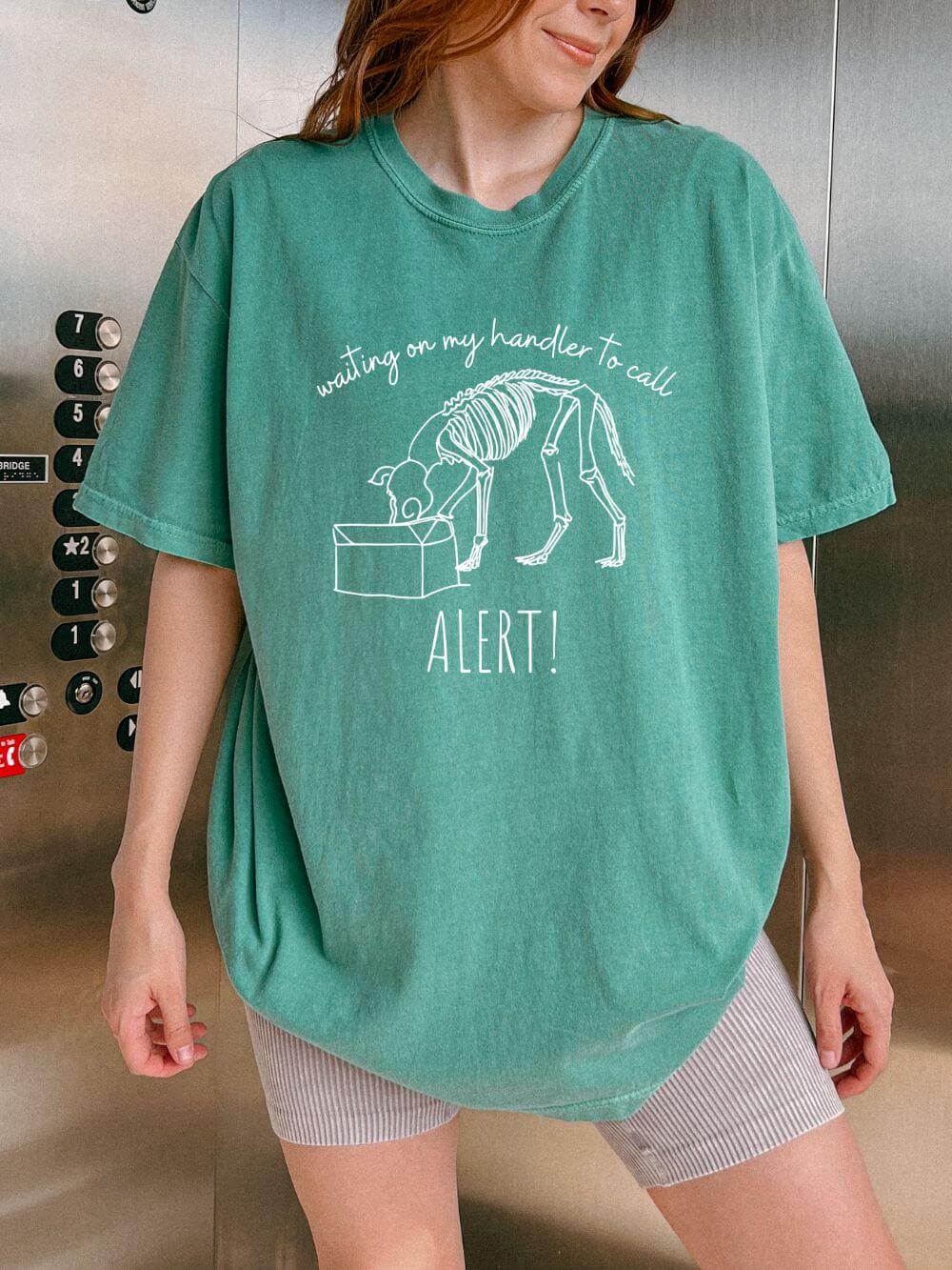 WaitingonHandlerLightGreen Waiting on My Handler Alert Scent Dog Sports Comfort Colors Unisex Dog Mom T-Shirt - Image 1