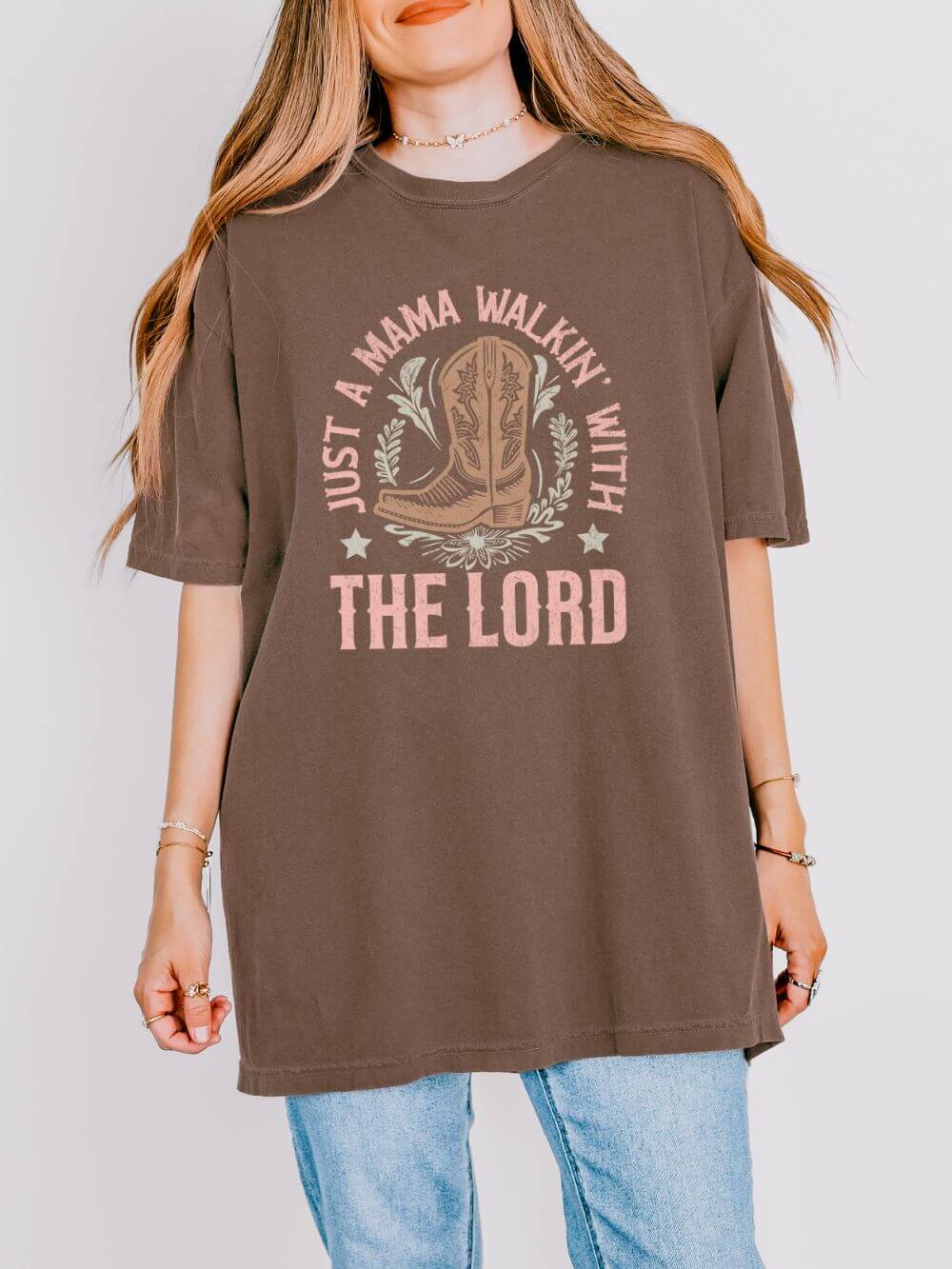 Walkin_with_the_Lord_Espresso Just a Mama Walkin' With The Lord Faithful Cowgirl Mom T-Shirt Graphic Tee - Image 1