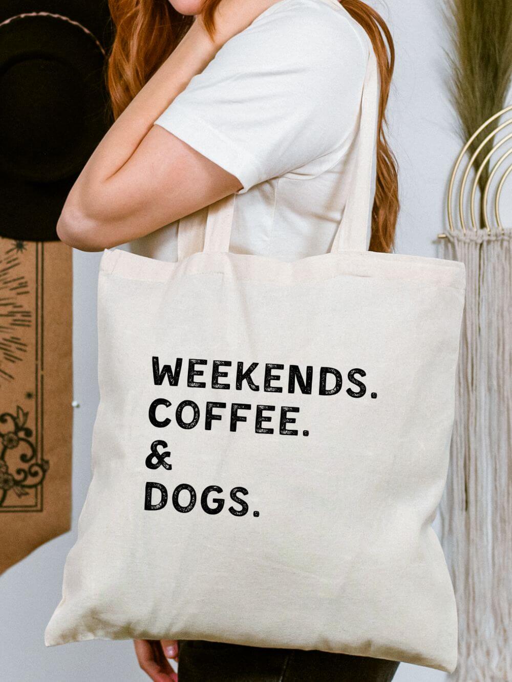 Weekends_Coffee_Dogs_Tote Weekends Coffee & Dogs Dog Mom Cotton Canvas Tote Bag - Image 1