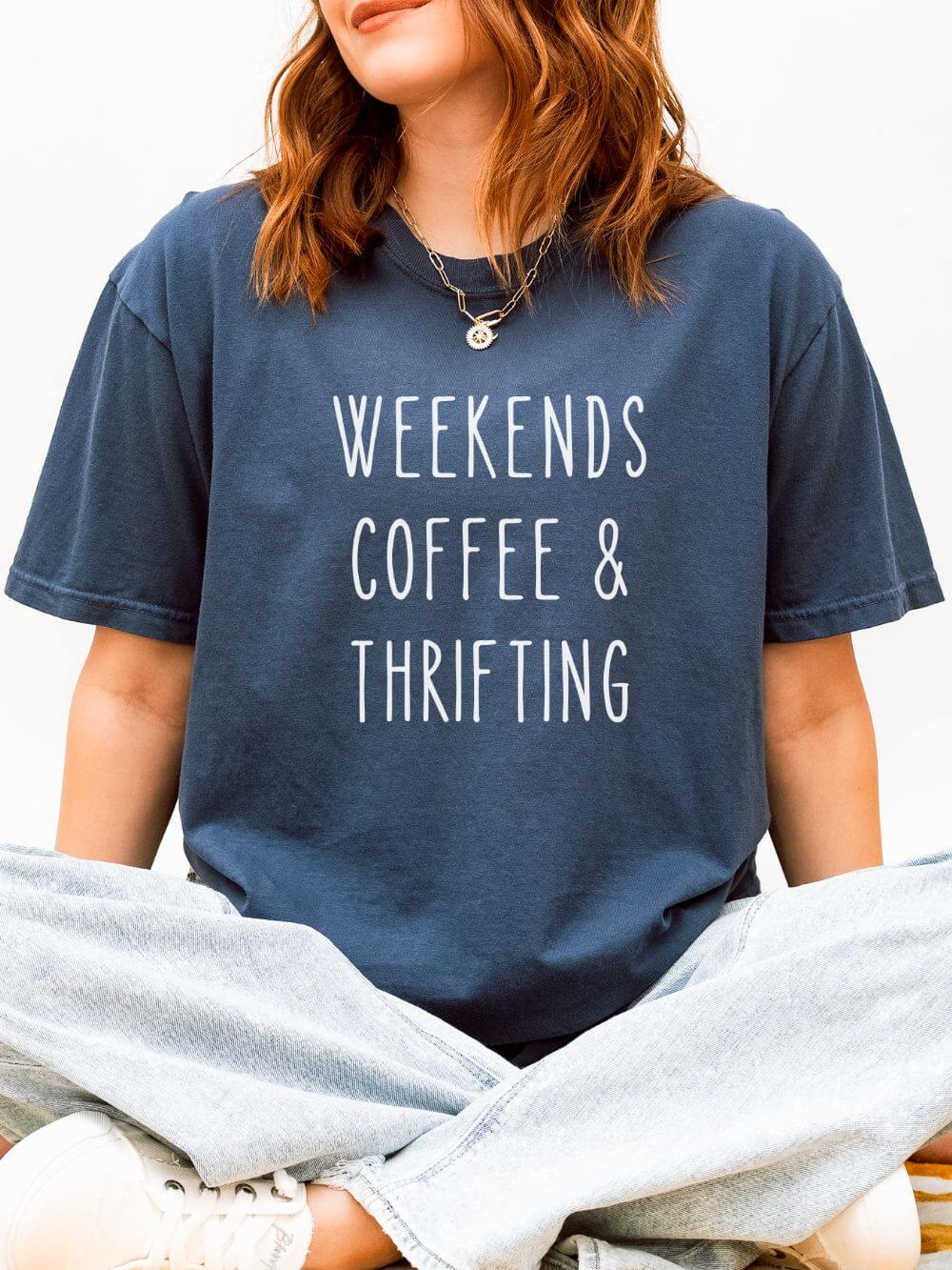 Weekends_Coffee_Thrifting_Midnight Weekends Coffee & Thrifting T-Shirt Graphic Unisex Tee - Image 1