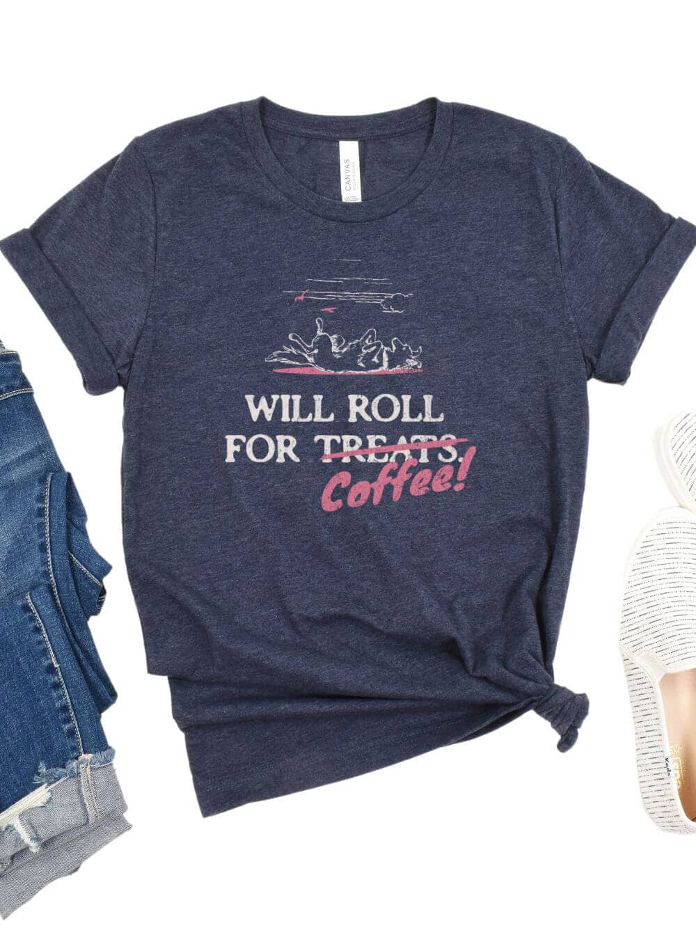 WillRollforCoffeeHeatherNavy Will Roll for Coffee Dog Mom Graphic T-Shirt - Image 1