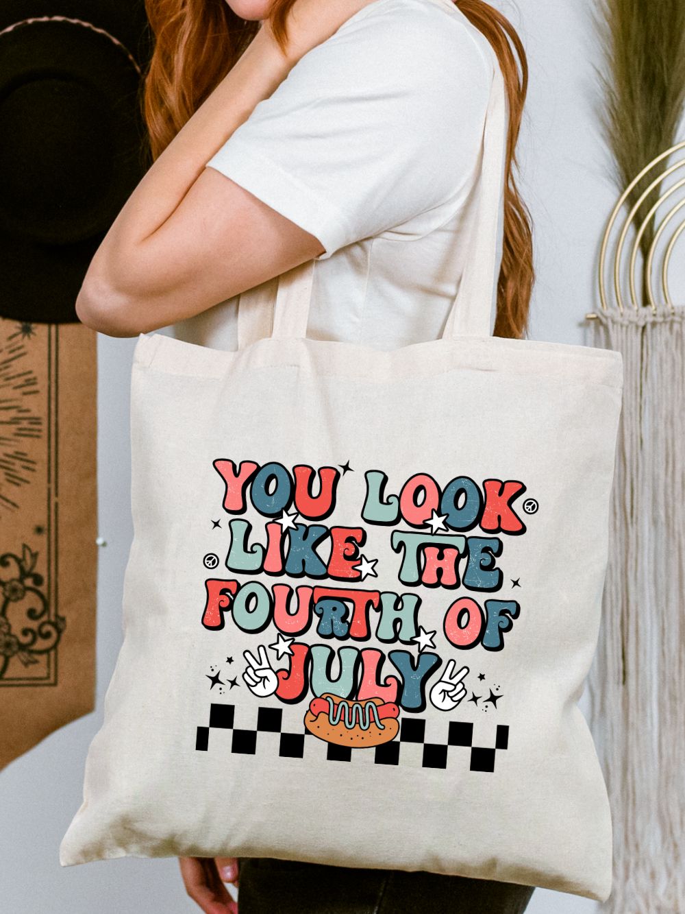 You_Look_Like_Hot_Dog_Tote You Look Like the Fourth of July Hot Dog Retro Patriotic Canvas Tote Bag - Image 1