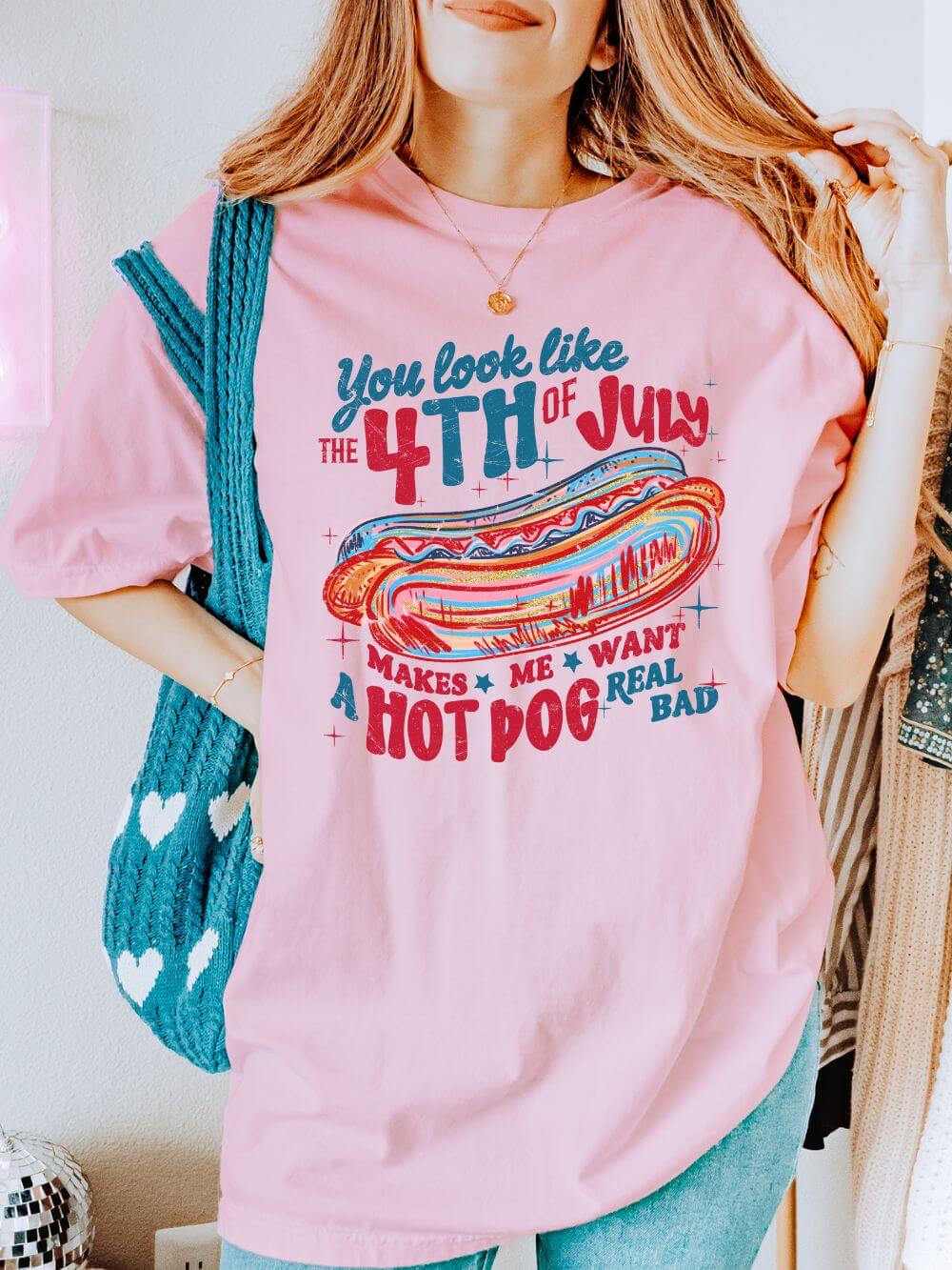 You_Look_Like_the_4th_-_Blossom You Look Like the 4th of July Summer Unisex Tee Comfort Colors Hot Dog Patriotic Graphic T-Shirt - Image 1