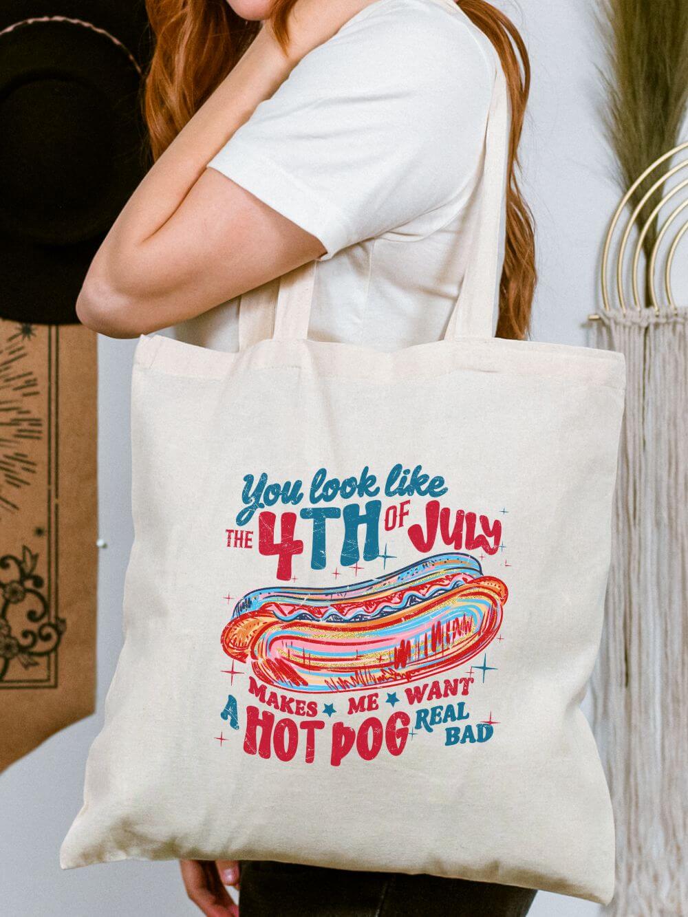 You_Look_Like_the_4th_Tote You Look Like the 4th of July Hot Dog Cotton Canvas Tote Bag - Image 1
