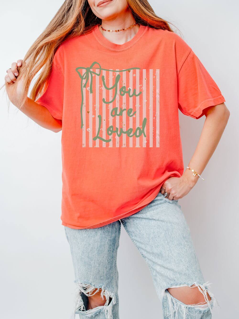 You_are_Loved_Bright_Salmon You are Loved John 3:16 Graphic T-Shirt Christian Faith Graphic Tee - Image 1