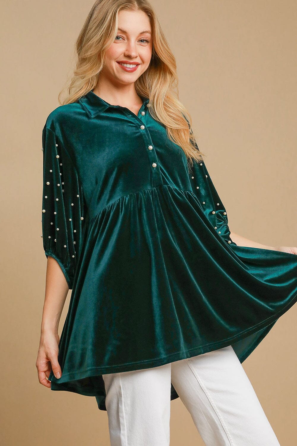 a6ba160e-695a-4787-be84-4b11c23ff1b6-Max Umgee Pearl Detail Half Sleeve Velvet Babydoll Blouse - Image 1