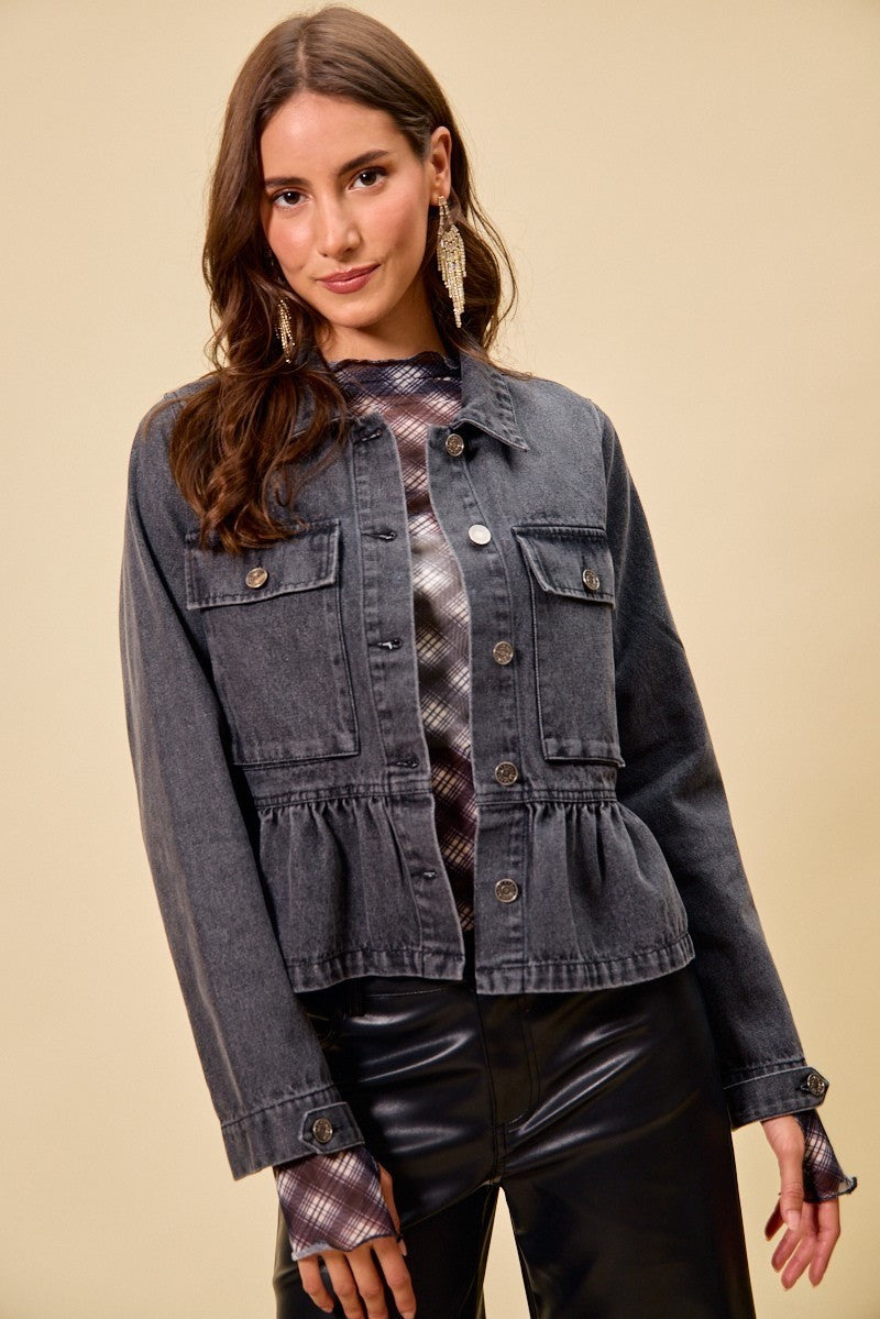 a8e70b4a94b84dcfa4911f76831b0666-Max SO ME Denim Peplum Hem Front Button Jacket With Pockets - Image 1