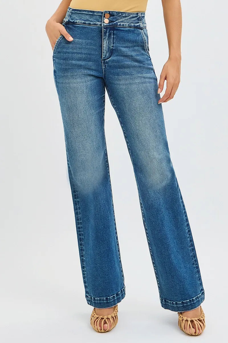 b211e20dc5f24c7891b65fee1a5f1603-Max-Origin RISEN Full Size Tummy Control High Rise Bootcut Jeans with Double Button Waistband Plus Size - Image 1