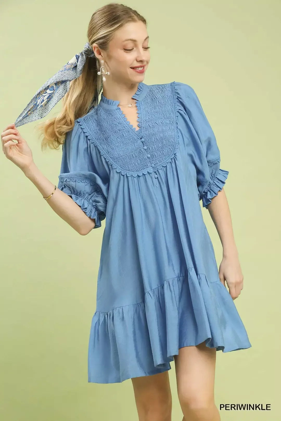 b2b5a8a3-f0b4-4878-8d37-d64f6a31a603-Max-Origin Umgee Smocked Bib Ruffle Hem Babydoll Dress - Image 1