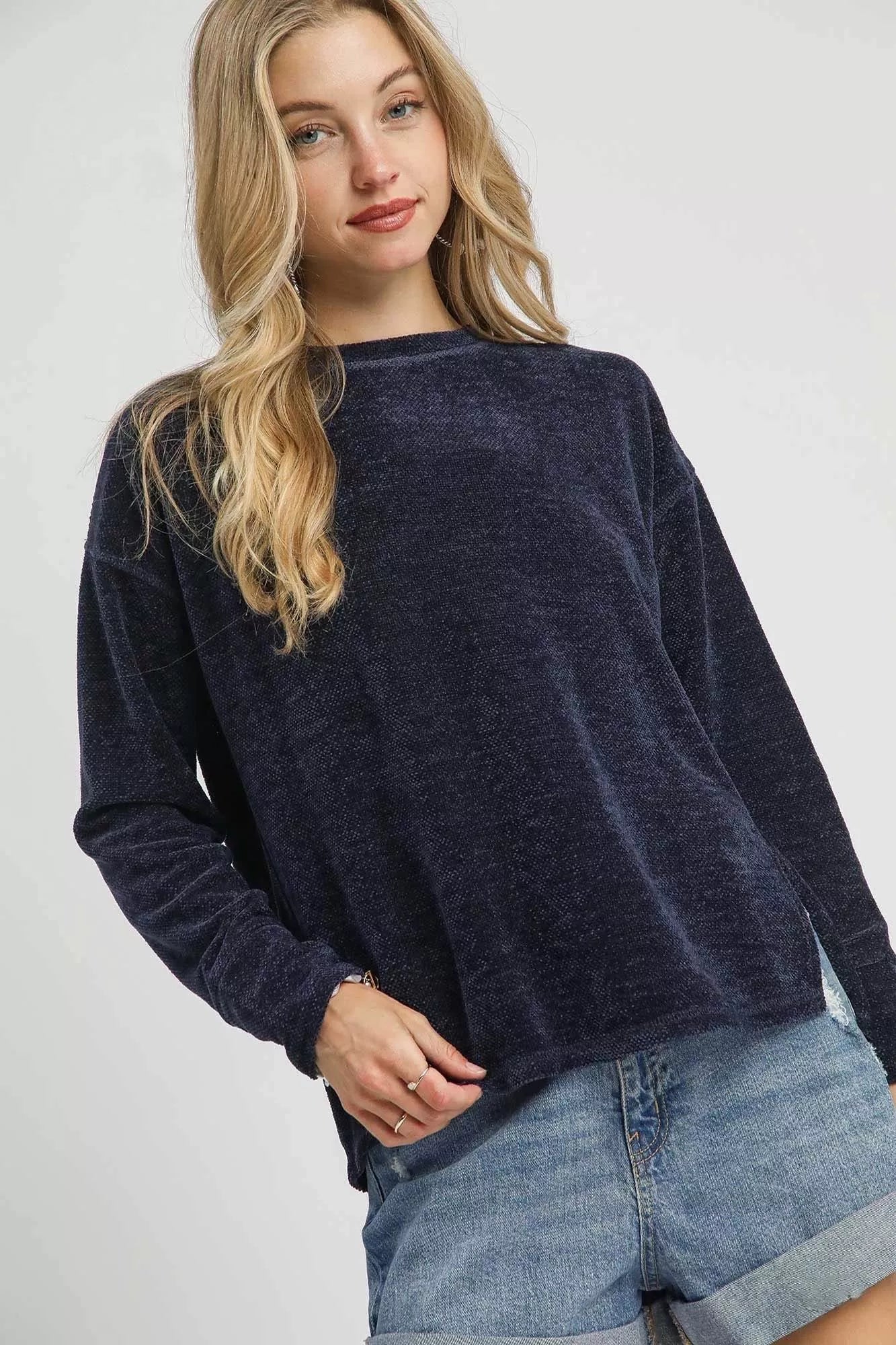 b79e6afb-1c35-405c-9eda-e2028fdddc41-Max-Origin Umgee Round Neck Long Sleeve Side Slit Top - Image 1