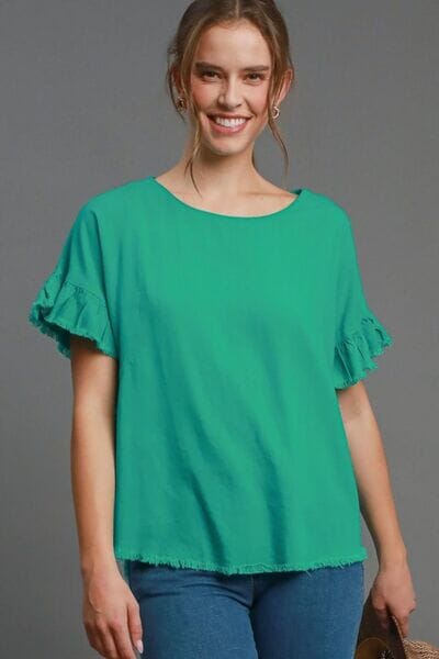 b7dd195d-173d-45ad-82a1-d7a5a57053eb-Min Umgee Full Size Raw Hem Ruffle Short Sleeve Blouse Plus Size - Image 1