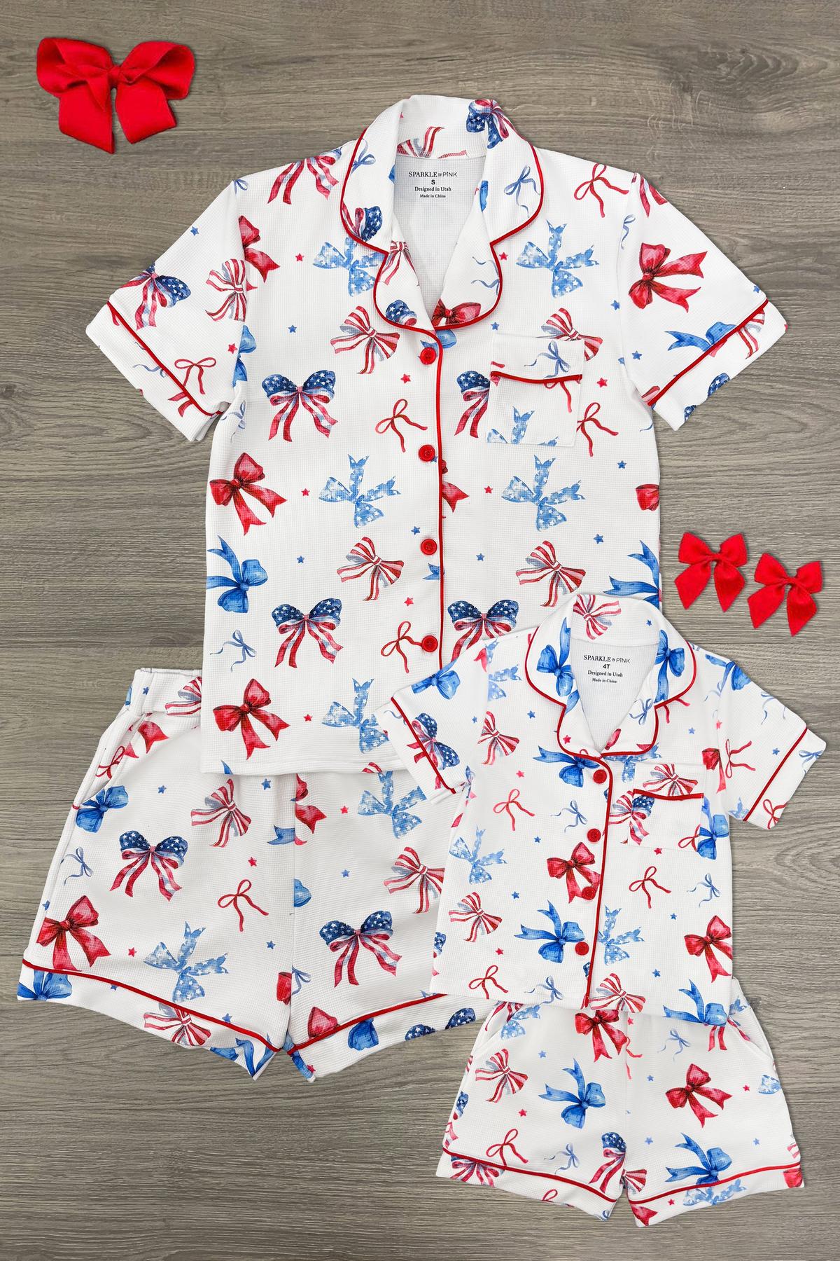 bowpjsmomandme Mom & Me - Patriotic Bow Waffle Knit Pajamas - Image 1