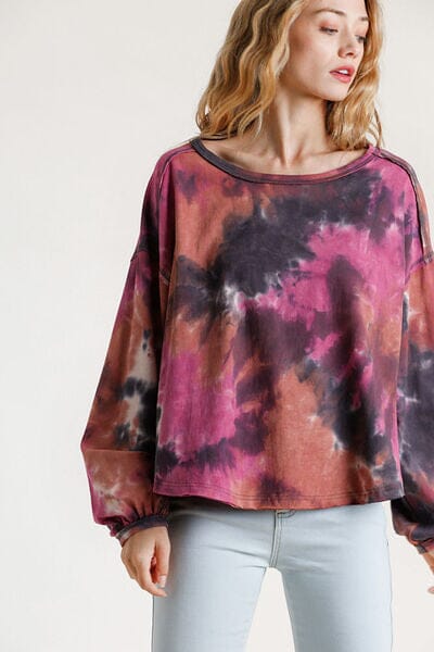 c6817e72-c3f4-4797-98fa-abd6f92af23c-Min Umgee Full Size Tie Dye Round Neck Long Balloon Sleeve Top Plus Size - Image 1