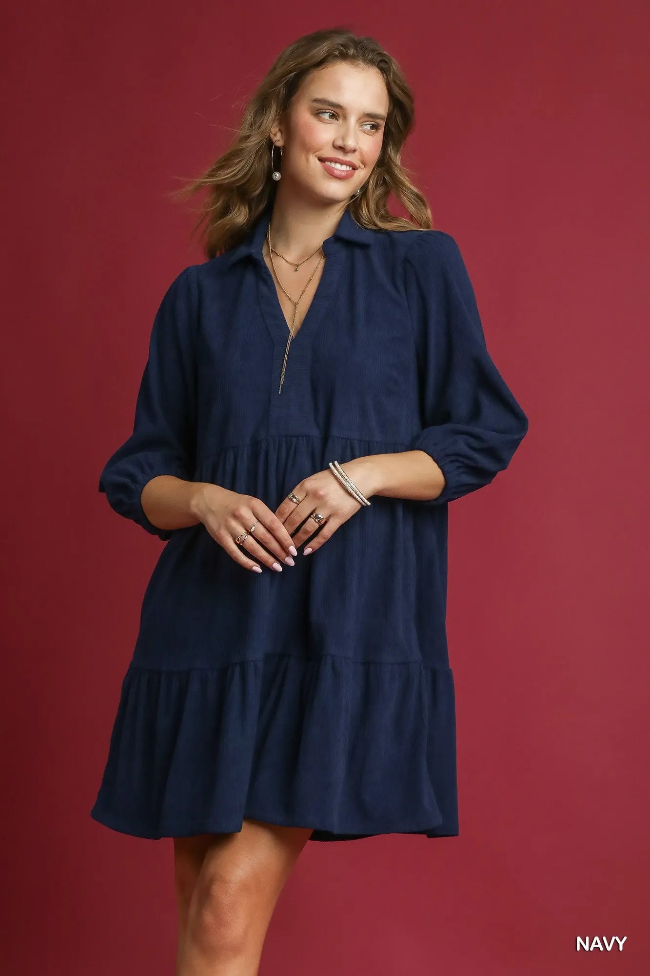 d4f316c2-489f-44fb-8ab1-d8e82657d4cb-Max-Origin Umgee Tiered Corduroy Mini Dress with Balloon Sleeves - Image 1