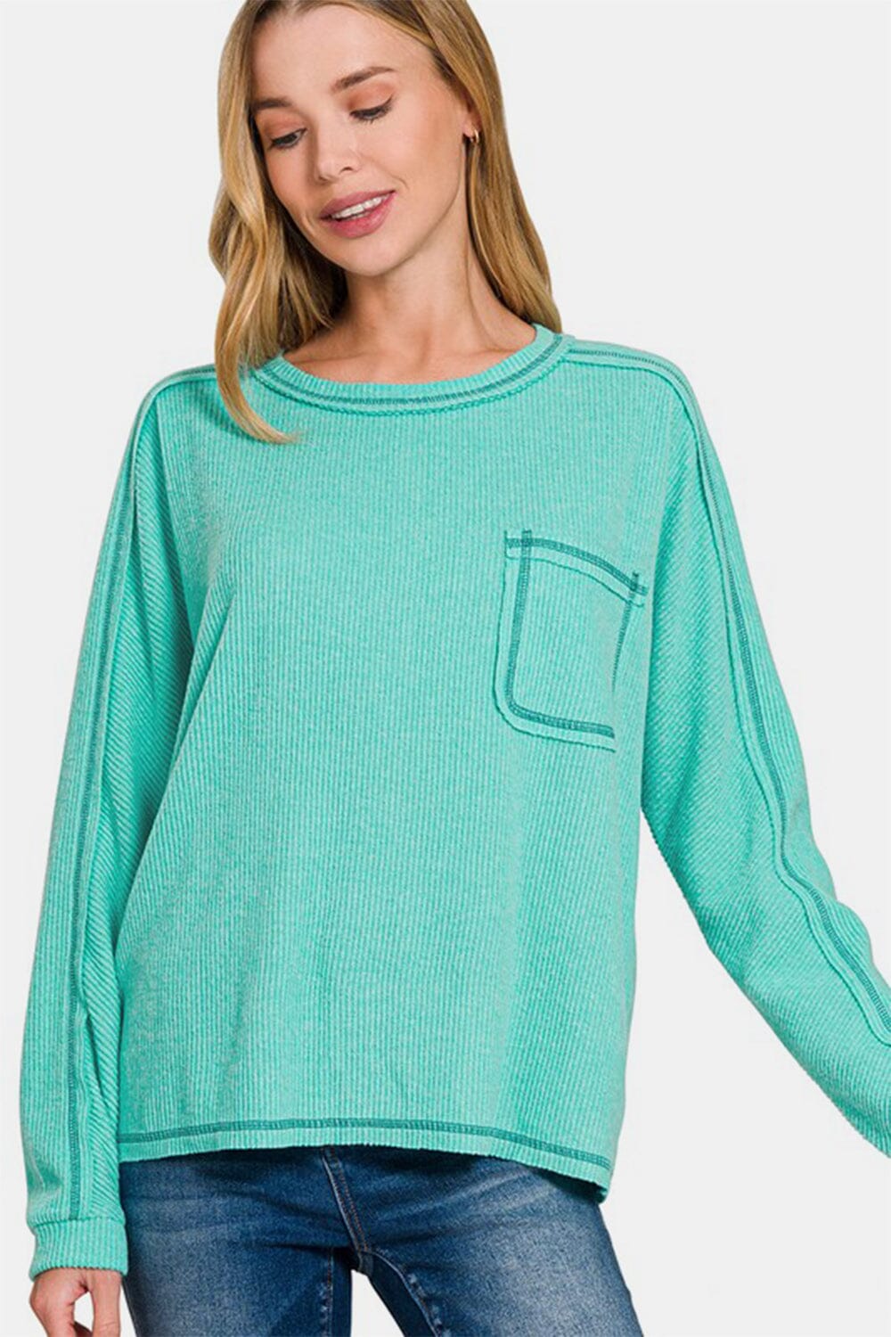 df5ec8c6-a7cb-4116-88e9-b86682f9c264-Max Zenana Full Size Contrast Stitching Brushed Ribbed Hacci Knit Top Plus Size - Image 1
